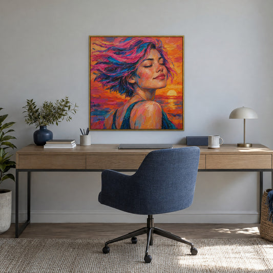 Neon Windswept, colourful abstract hand-painted canvas wall art in a home office – Gallery 23