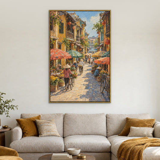 Umbrella Avenue, colourful cityscape hand-painted canvas wall art in a living room – Gallery 23