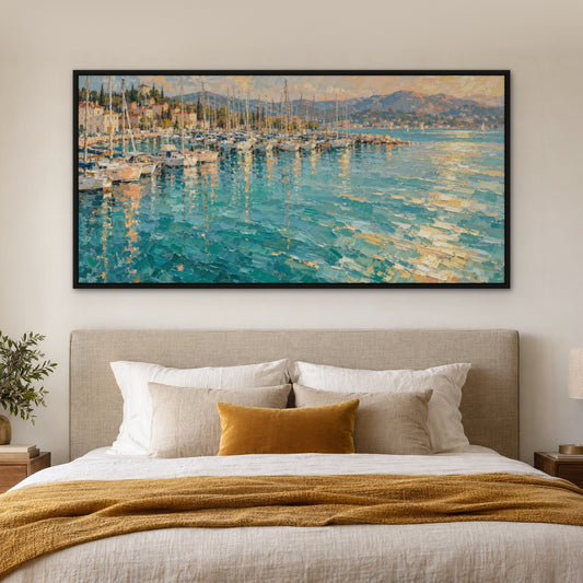 Marina Shimmer, blue abstract hand-painted canvas wall art in a bedroom – Gallery 23