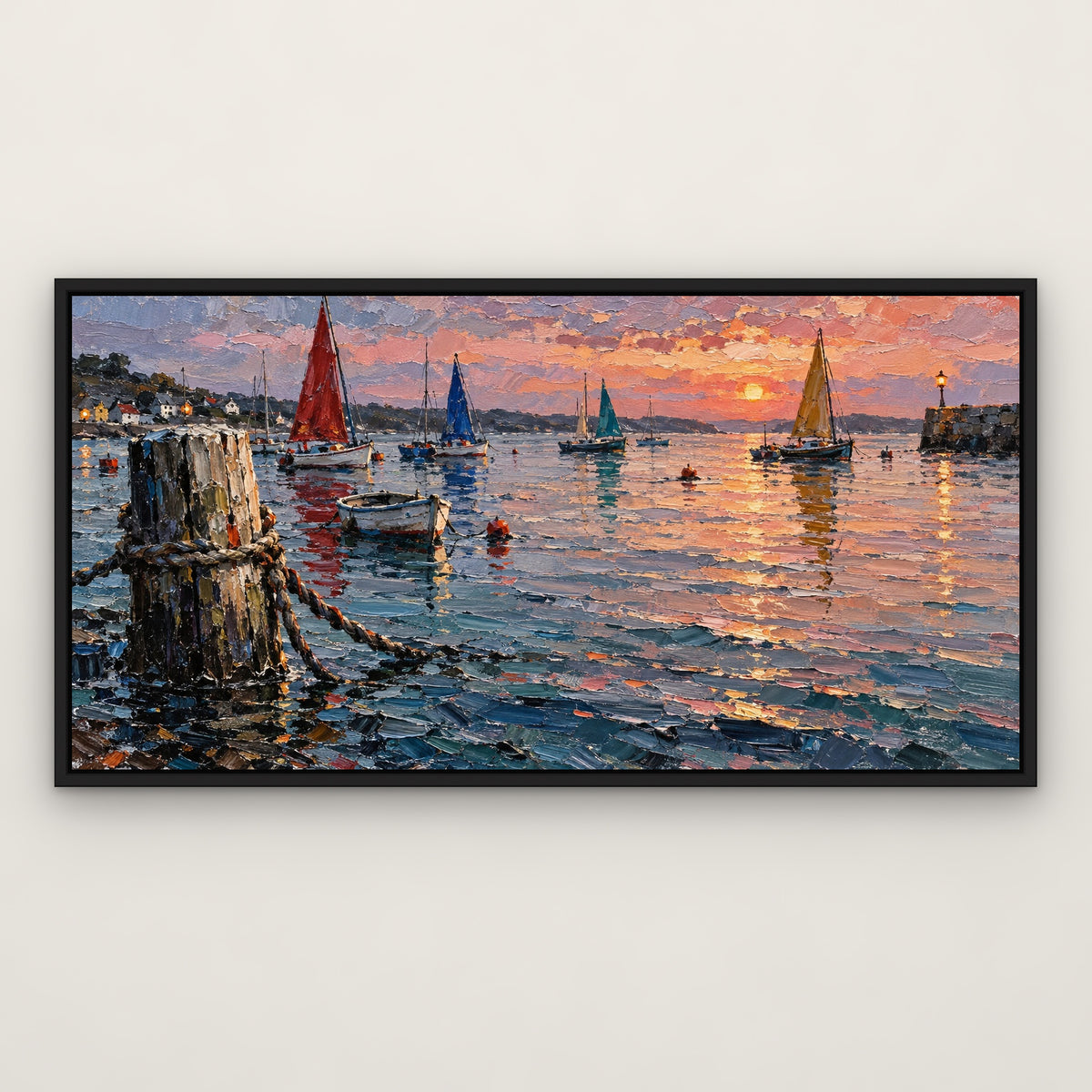 Harbour of Colour, grey coastal hand-painted canvas wall art in a slim black float frame – Gallery 23