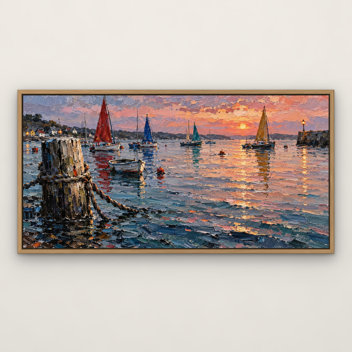 Harbour of Colour, grey coastal hand-painted canvas wall art in a slim oak float frame – Gallery 23