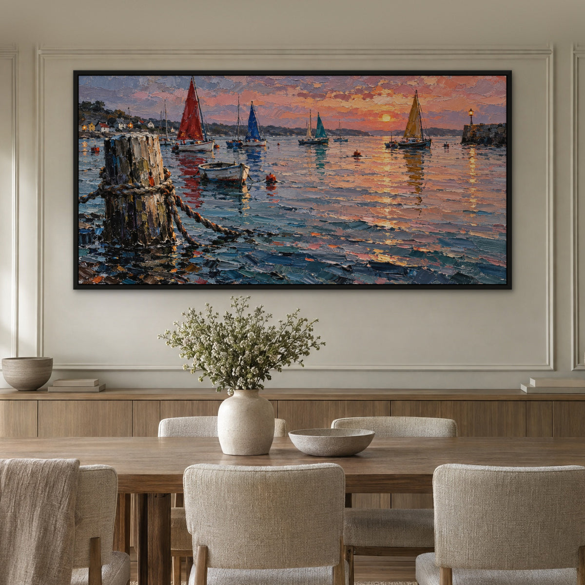 Harbour of Colour, grey coastal hand-painted canvas wall art in a dining room – Gallery 23
