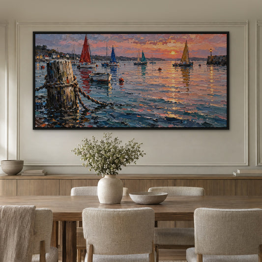 Harbour of Colour, grey coastal hand-painted canvas wall art in a dining room – Gallery 23