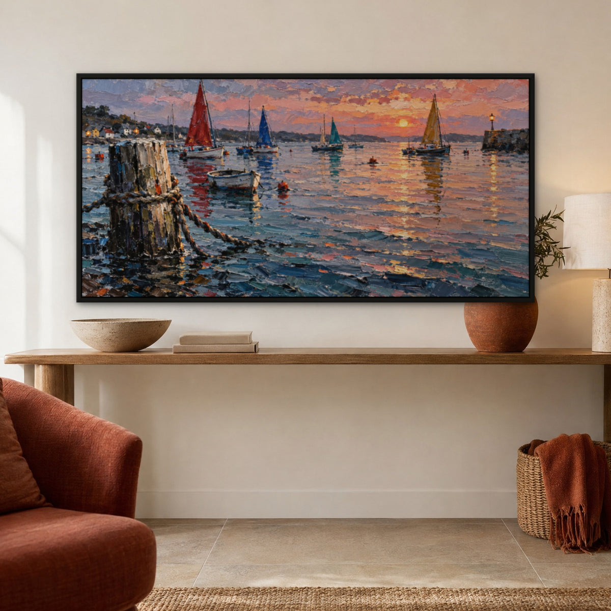 Harbour of Colour, grey coastal hand-painted canvas wall art in a hallway – Gallery 23