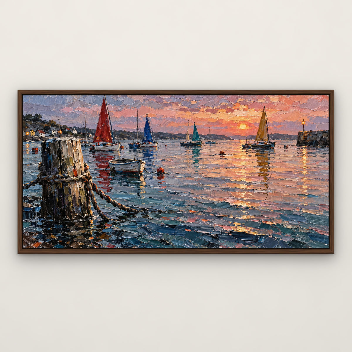 Harbour of Colour, grey coastal hand-painted canvas wall art in a slim walnut float frame – Gallery 23