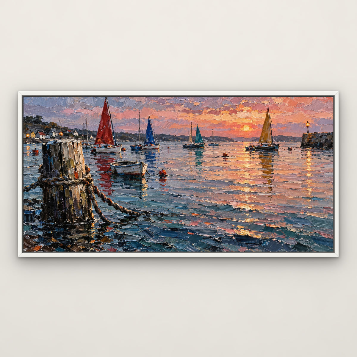 Harbour of Colour, grey coastal hand-painted canvas wall art in a slim white float frame – Gallery 23