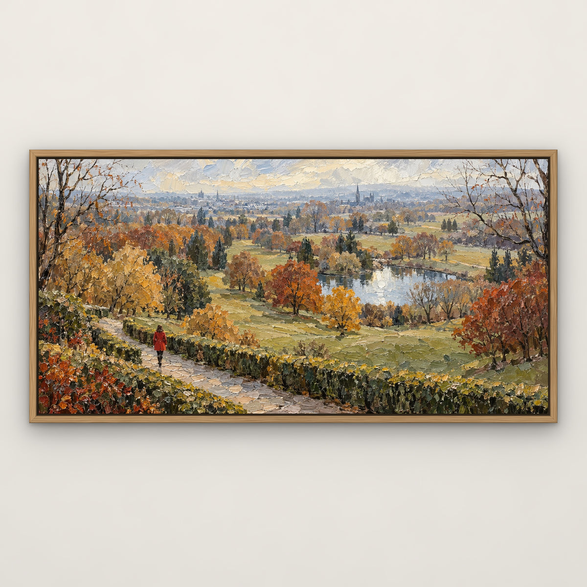 Red Coat Park Stroll, colourful landscape hand-painted canvas wall art in a slim oak float frame – Gallery 23