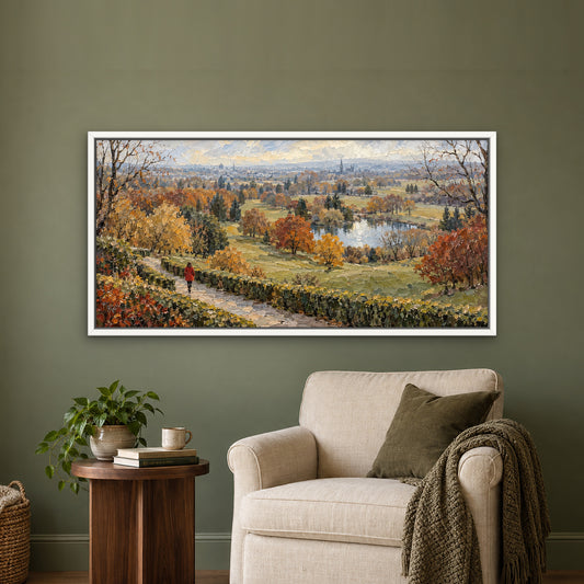 Red Coat Park Stroll, colourful landscape hand-painted canvas wall art in a reading corner – Gallery 23