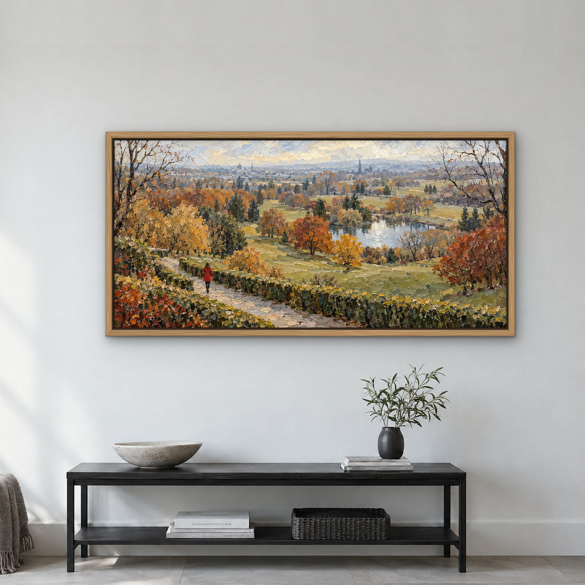 Red Coat Park Stroll, colourful landscape hand-painted canvas wall art in a hallway – Gallery 23