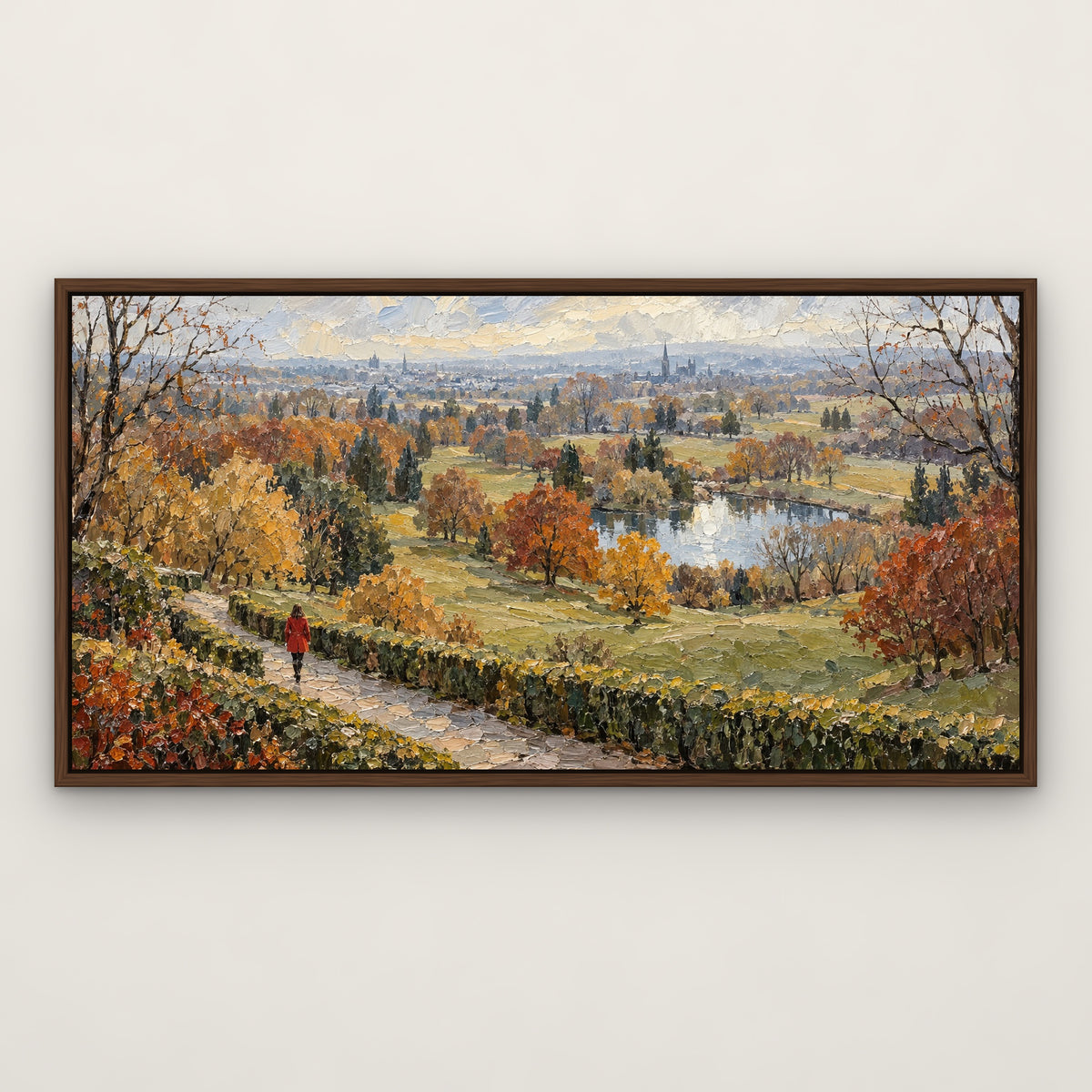 Red Coat Park Stroll, colourful landscape hand-painted canvas wall art in a slim walnut float frame – Gallery 23