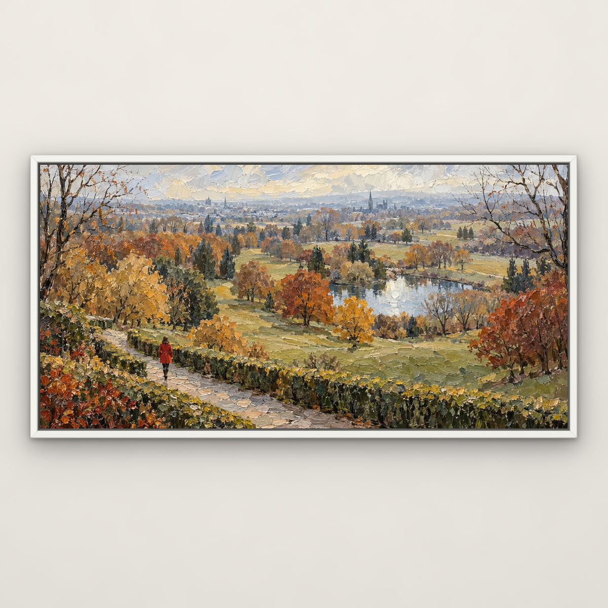 Red Coat Park Stroll, colourful landscape hand-painted canvas wall art in a slim white float frame – Gallery 23