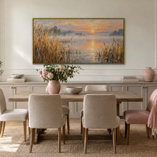 Golden Reeds in Mist, grey abstract hand-painted canvas wall art in a dining room – Gallery 23
