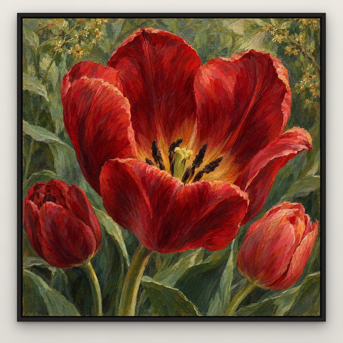 Crimson Tulip Hearts, red floral hand-painted canvas wall art in a slim black float frame – Gallery 23