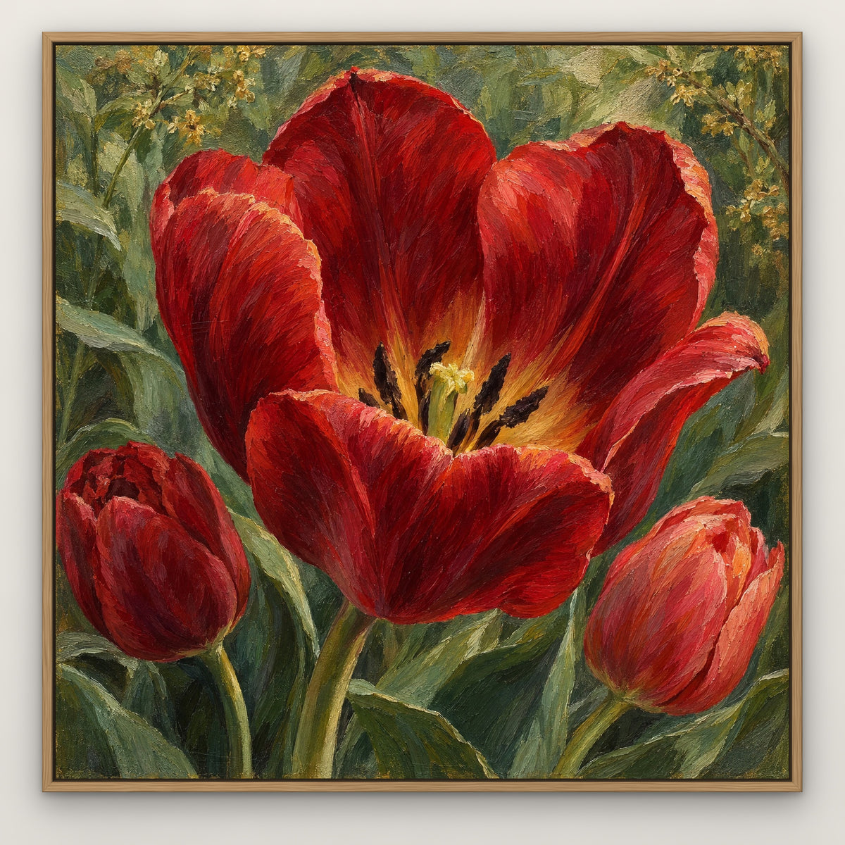Crimson Tulip Hearts, red floral hand-painted canvas wall art in a slim oak float frame – Gallery 23