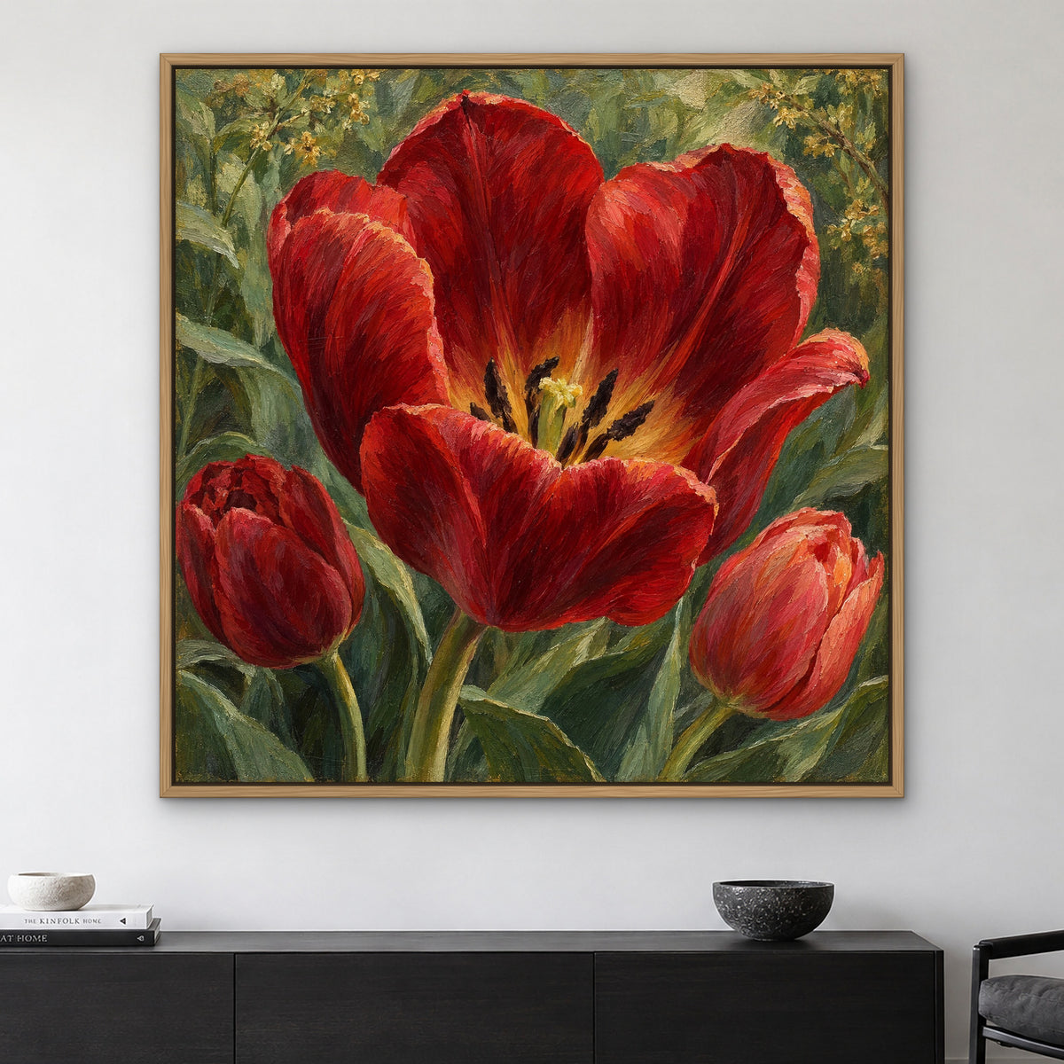 Crimson Tulip Hearts, red floral hand-painted canvas wall art in a living room – Gallery 23