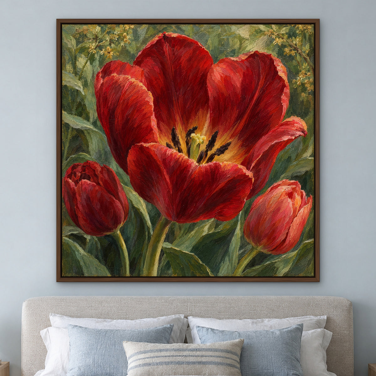 Crimson Tulip Hearts, red floral hand-painted canvas wall art in a bedroom – Gallery 23