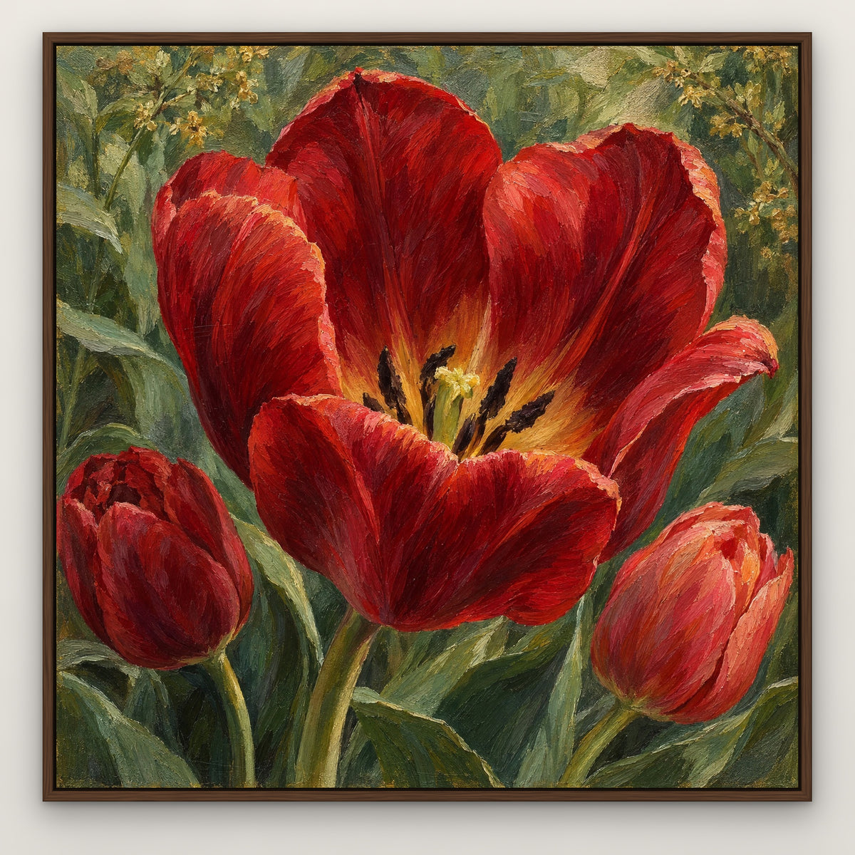 Crimson Tulip Hearts, red floral hand-painted canvas wall art in a slim walnut float frame – Gallery 23