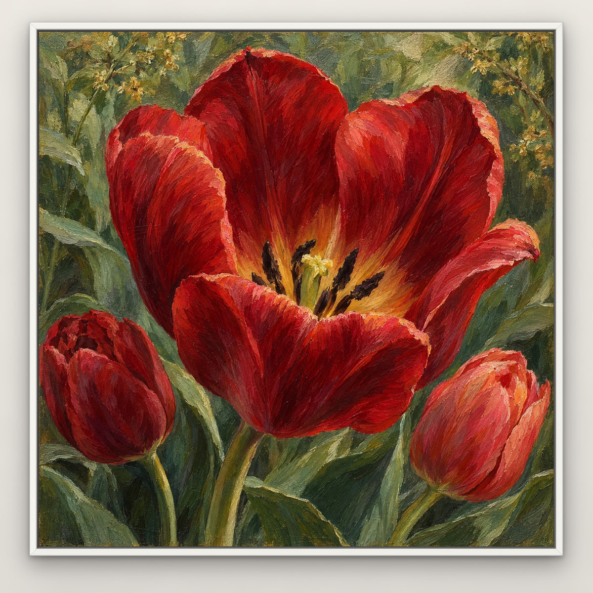 Crimson Tulip Hearts, red floral hand-painted canvas wall art in a slim white float frame – Gallery 23