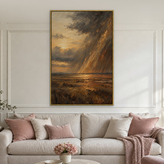 Bronze Rainfall, blue abstract hand-painted canvas wall art in a living room – Gallery 23