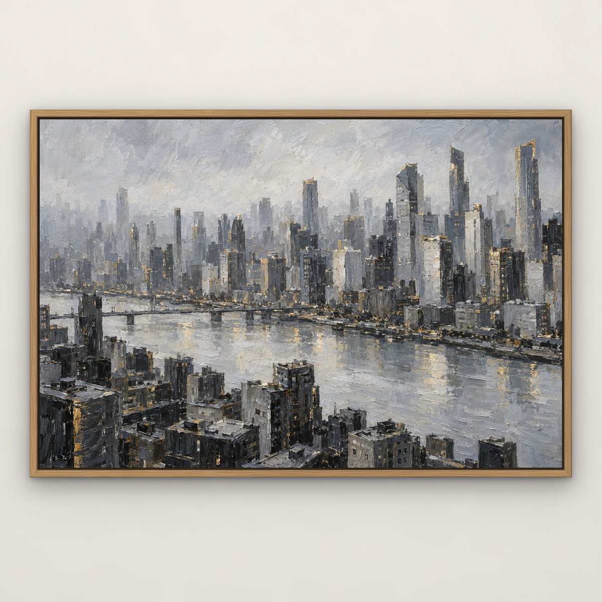 Grey Metropolis, gold cityscape hand-painted canvas wall art in a slim oak float frame – Gallery 23
