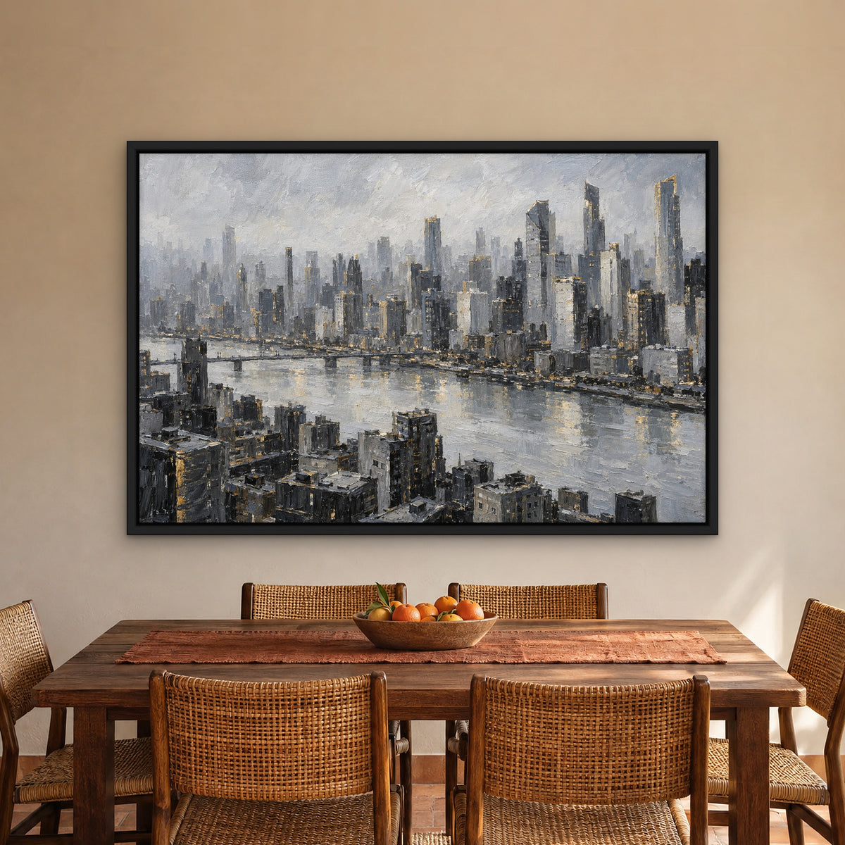 Grey Metropolis, gold cityscape hand-painted canvas wall art in a dining room – Gallery 23