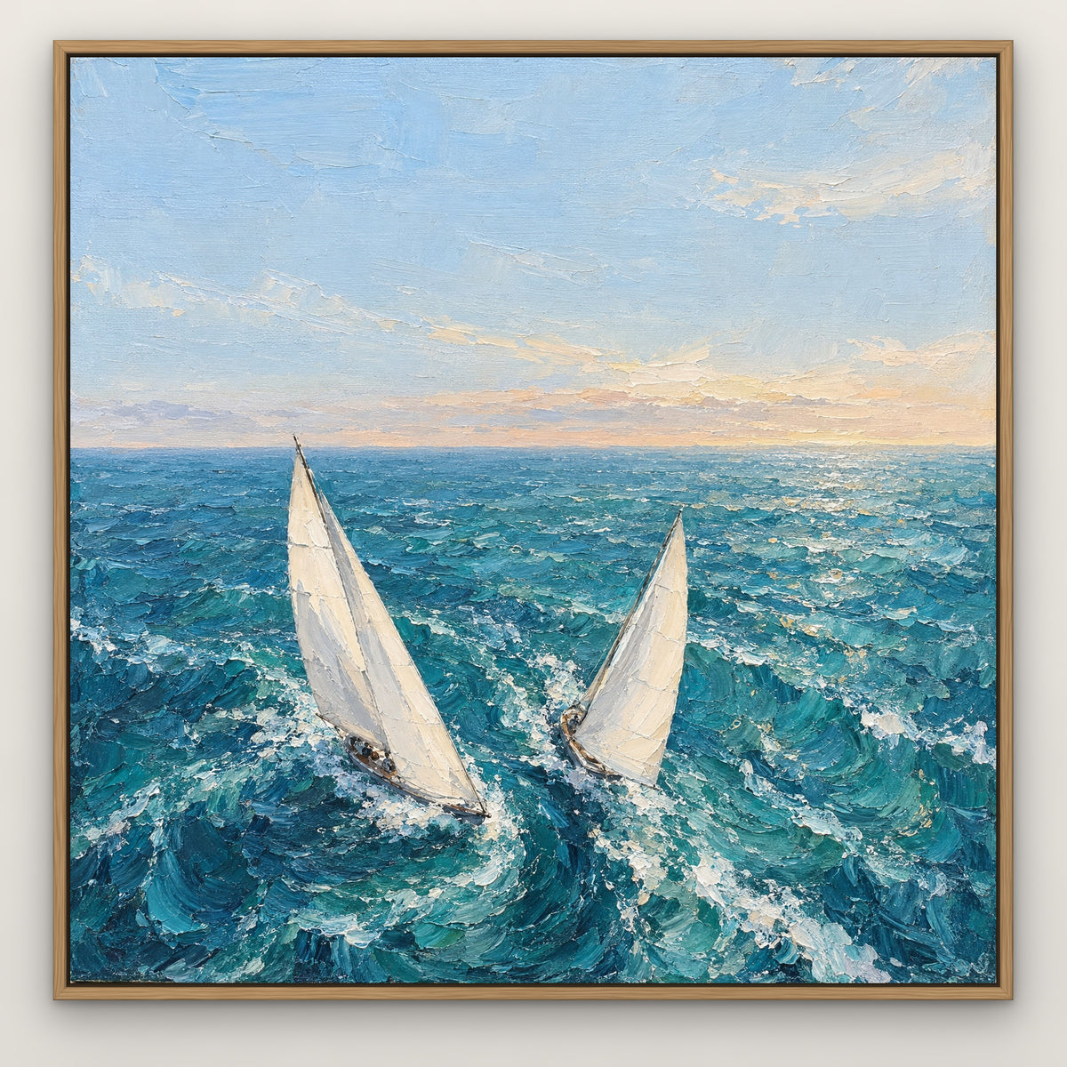 Twin Sails Breeze, blue seascape hand-painted canvas wall art in a slim oak float frame – Gallery 23