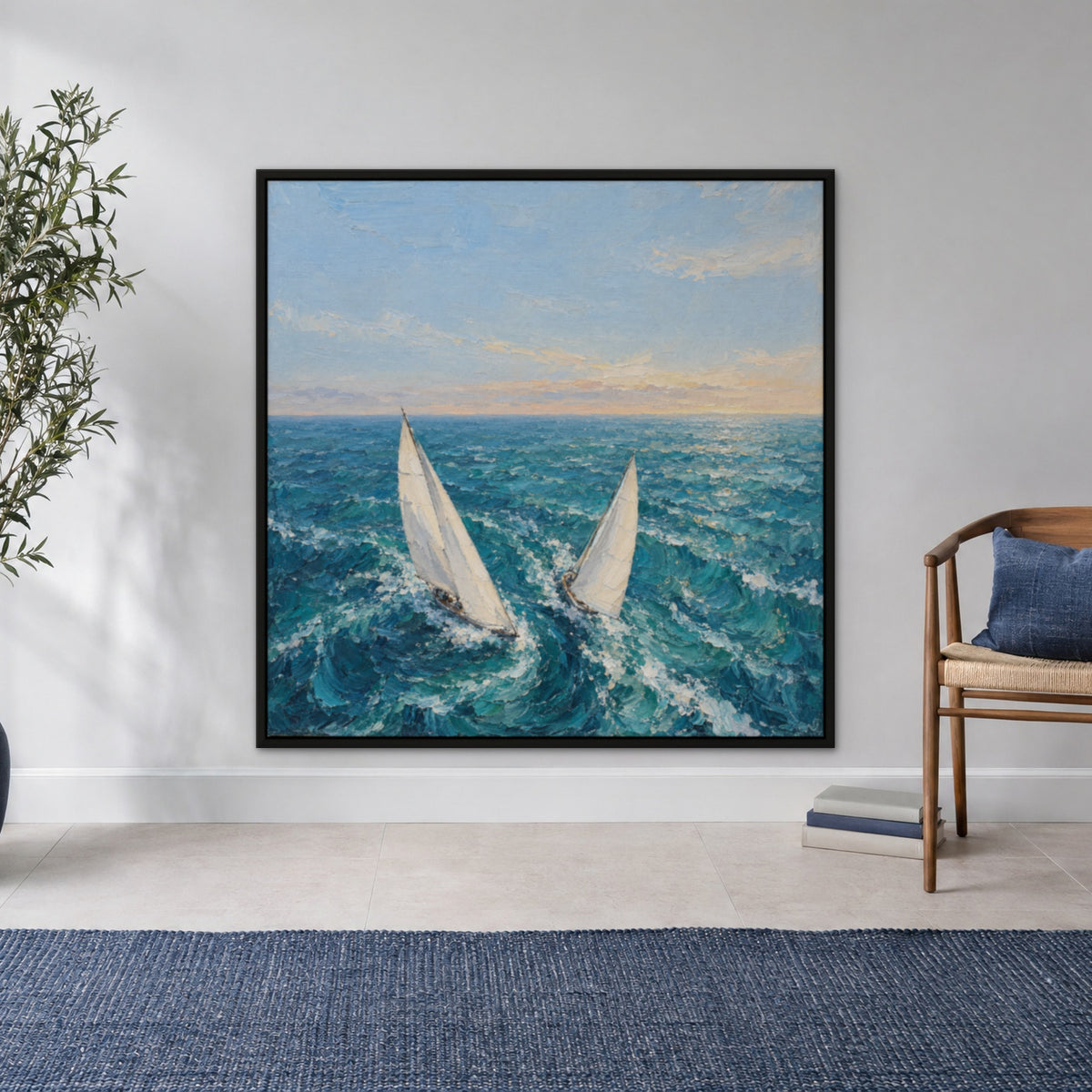 Twin Sails Breeze, blue seascape hand-painted canvas wall art in a hallway – Gallery 23
