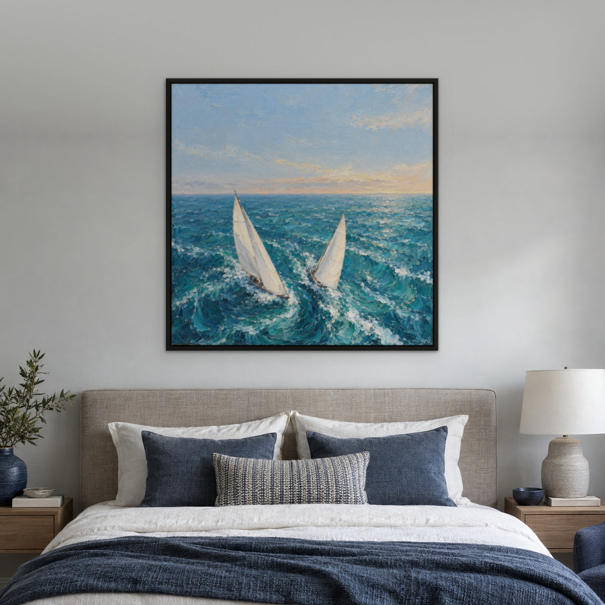 Twin Sails Breeze, blue seascape hand-painted canvas wall art in a bedroom – Gallery 23
