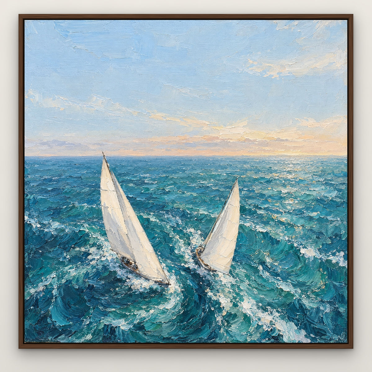 Twin Sails Breeze, blue seascape hand-painted canvas wall art in a slim walnut float frame – Gallery 23