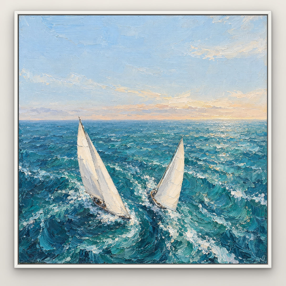 Twin Sails Breeze, blue seascape hand-painted canvas wall art in a slim white float frame – Gallery 23