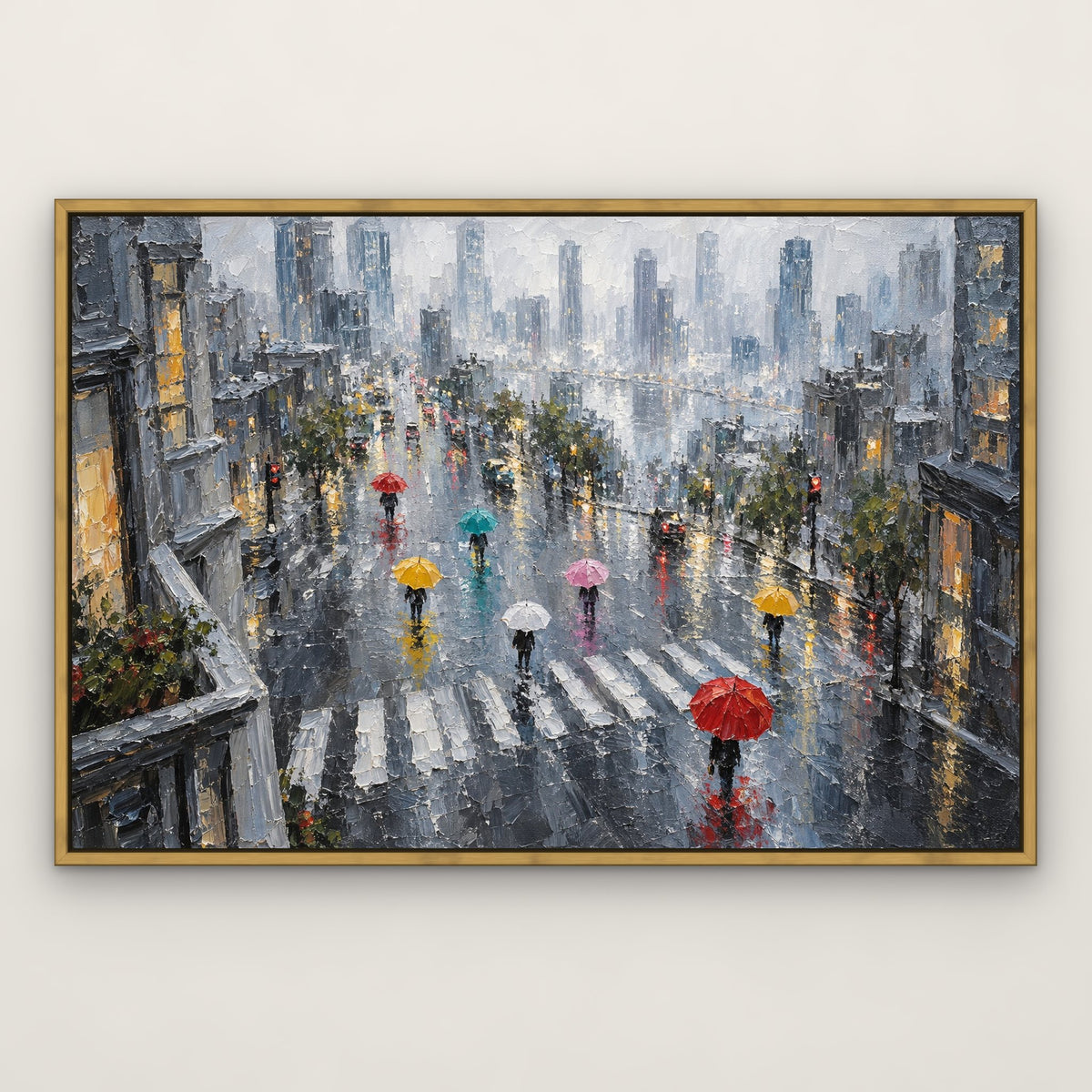 Umbrellas Before the Skyline, grey abstract hand-painted canvas wall art in a slim antique gold float frame – Gallery 23