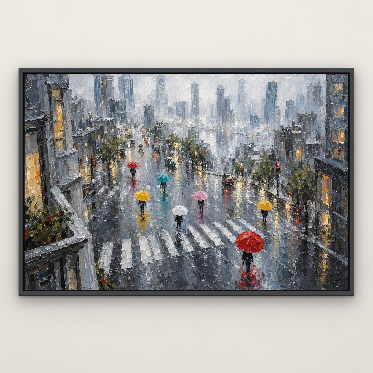 Umbrellas Before the Skyline, grey abstract hand-painted canvas wall art in a slim dark grey float frame – Gallery 23