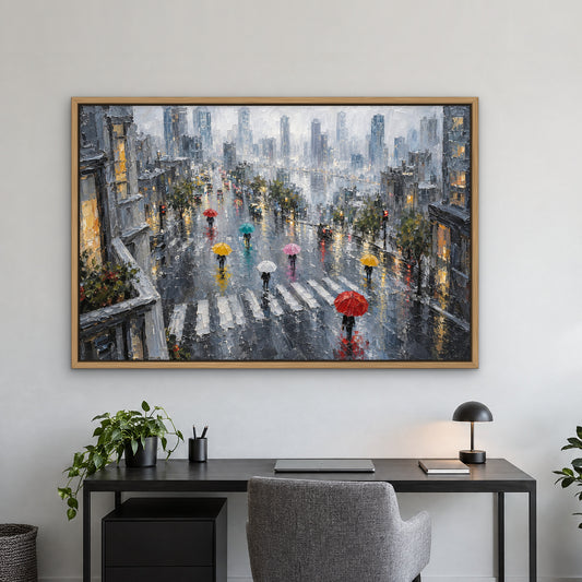 Umbrellas Before the Skyline, grey abstract hand-painted canvas wall art in a home office – Gallery 23