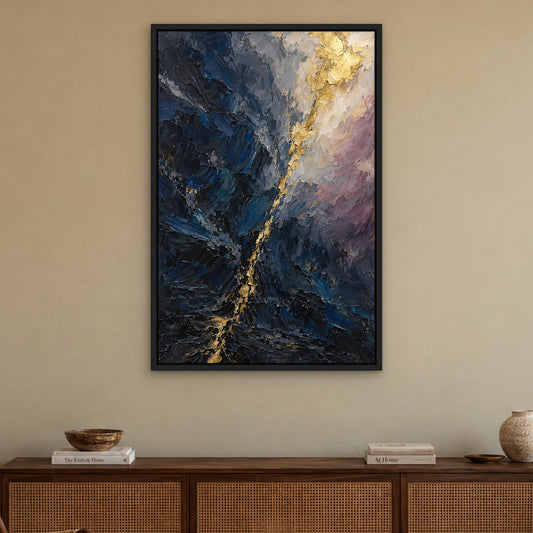 Gold Seam Dusk, blue abstract hand-painted canvas wall art in a living room – Gallery 23