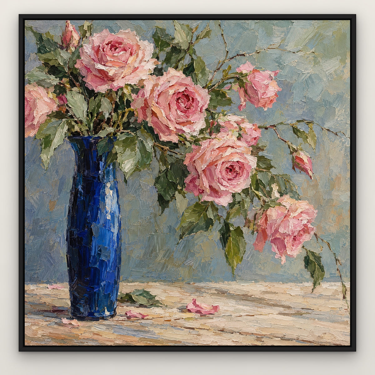 Rose Bouquet in Cobalt, pink floral hand-painted canvas wall art in a slim black float frame – Gallery 23