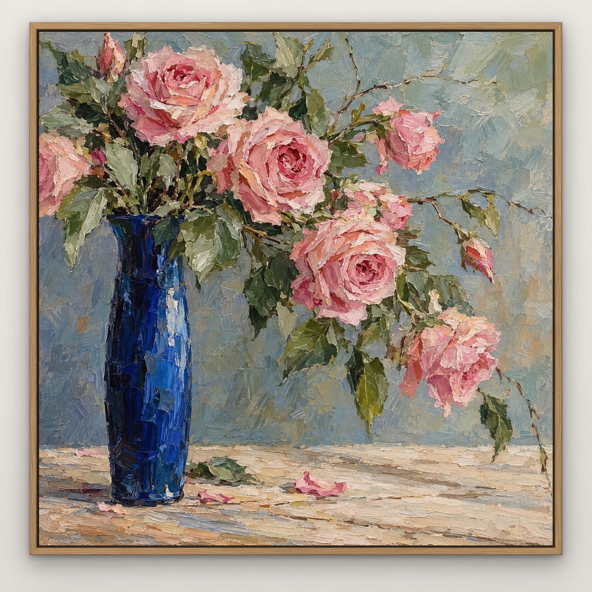 Rose Bouquet in Cobalt, pink floral hand-painted canvas wall art in a slim oak float frame – Gallery 23