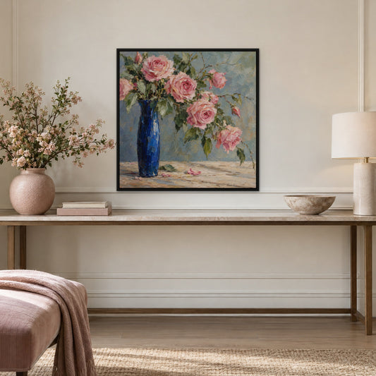 Rose Bouquet in Cobalt, pink floral hand-painted canvas wall art in a hallway – Gallery 23