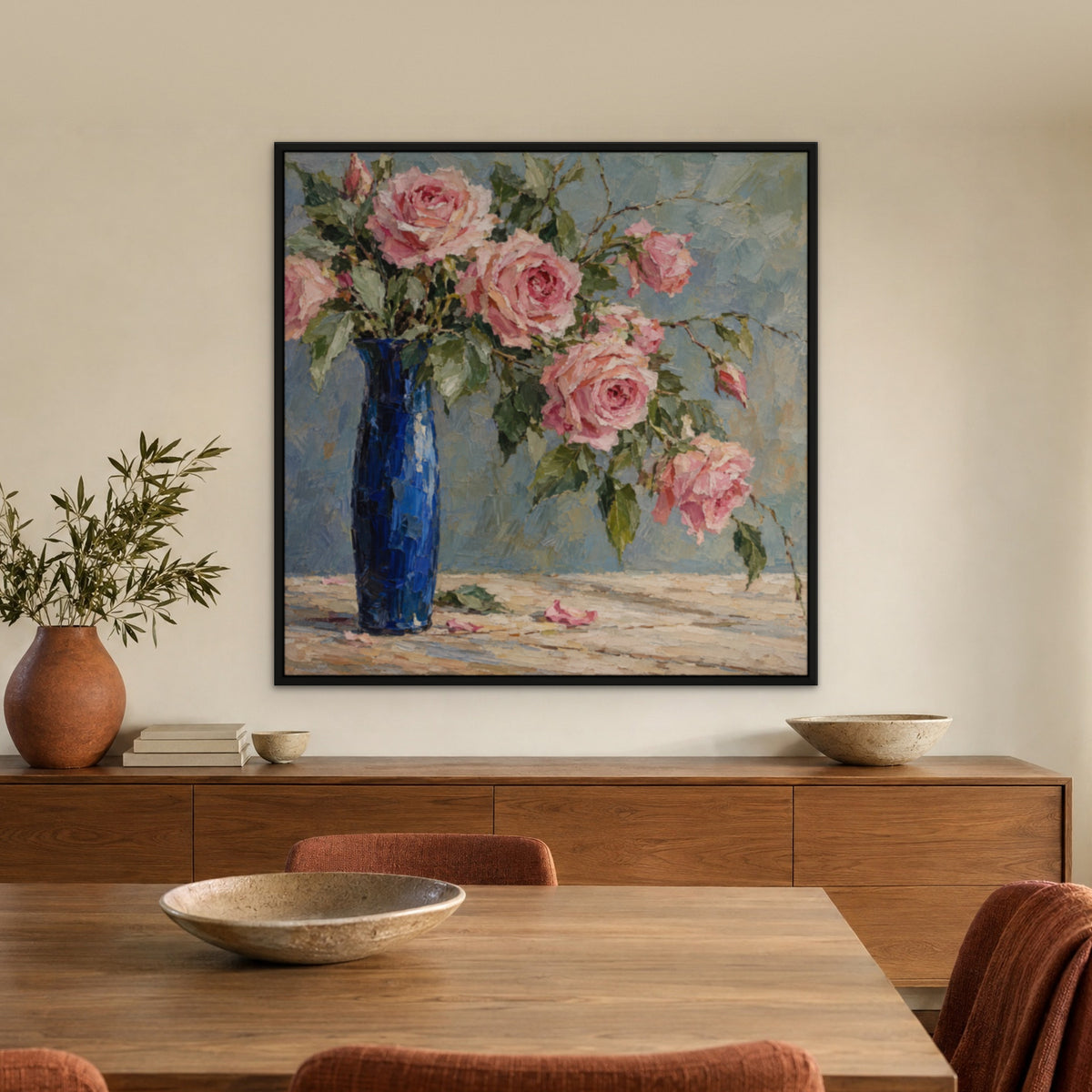 Rose Bouquet in Cobalt, pink floral hand-painted canvas wall art in a dining room – Gallery 23