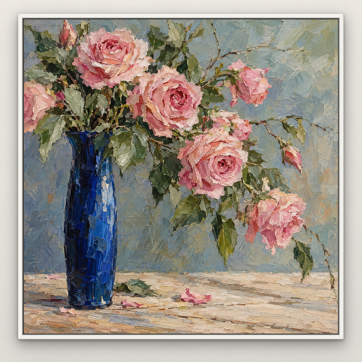 Rose Bouquet in Cobalt, pink floral hand-painted canvas wall art in a slim white float frame – Gallery 23