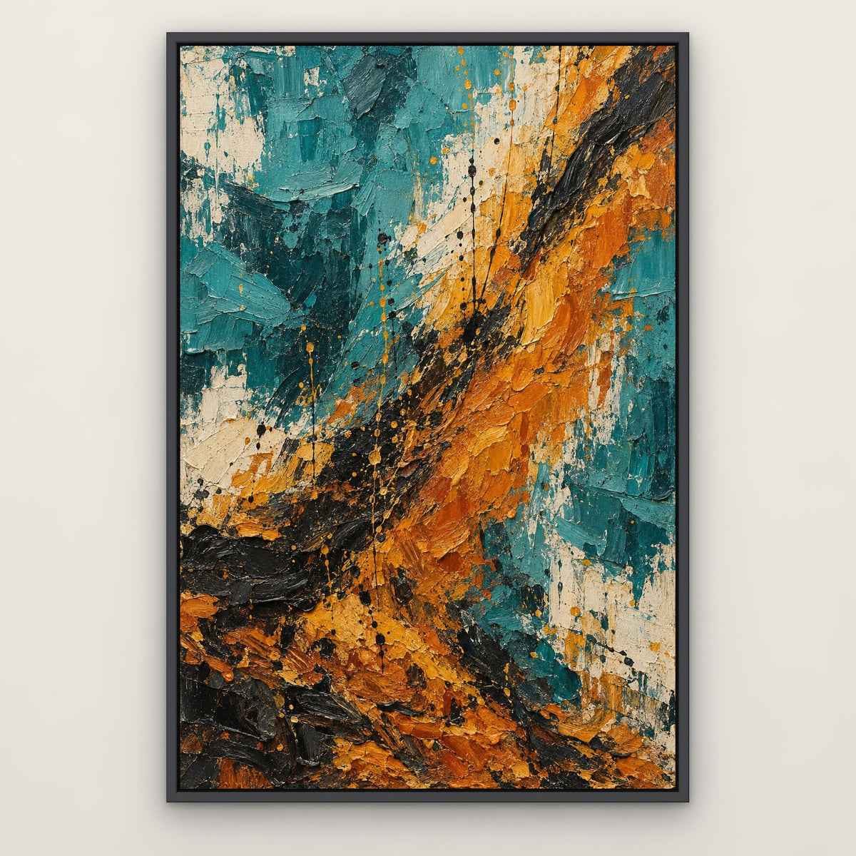 Teal and Amber Fall, colourful abstract hand-painted canvas wall art in a slim dark grey float frame – Gallery 23