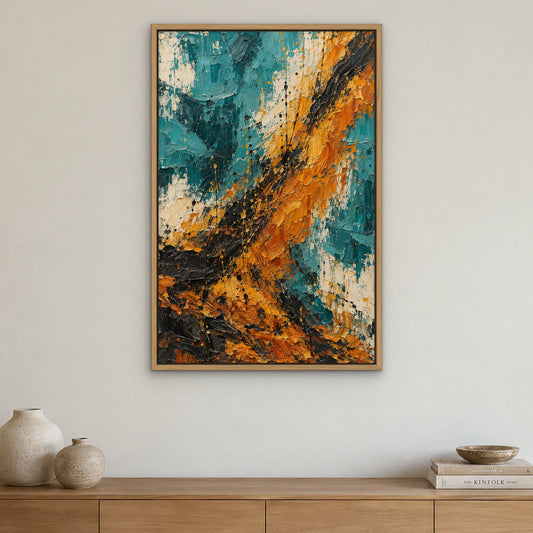 Teal and Amber Fall, colourful abstract hand-painted canvas wall art in a dining room – Gallery 23