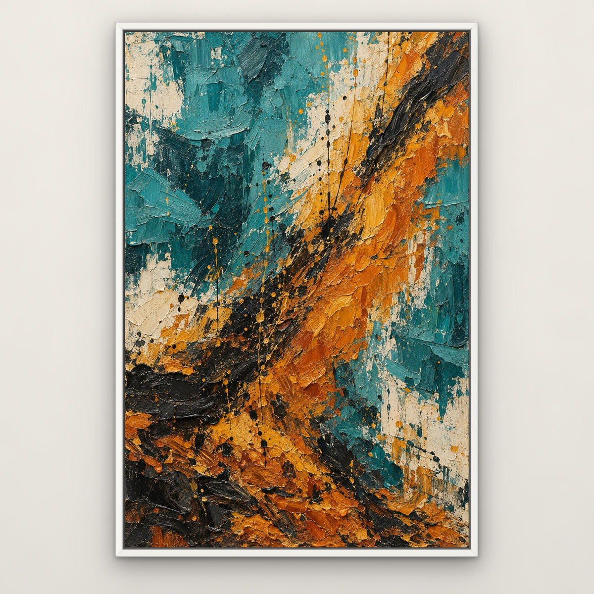 Teal and Amber Fall, colourful abstract hand-painted canvas wall art in a slim white float frame – Gallery 23