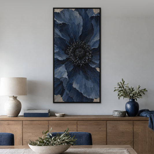 Indigo Poppy, blue floral hand-painted canvas wall art in a dining room – Gallery 23