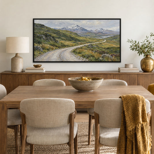 Green Valley Road, grey mountain landscape hand-painted canvas wall art in a dining room – Gallery 23