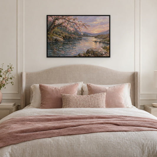 Blossom Over Water, blue floral hand-painted canvas wall art in a bedroom – Gallery 23