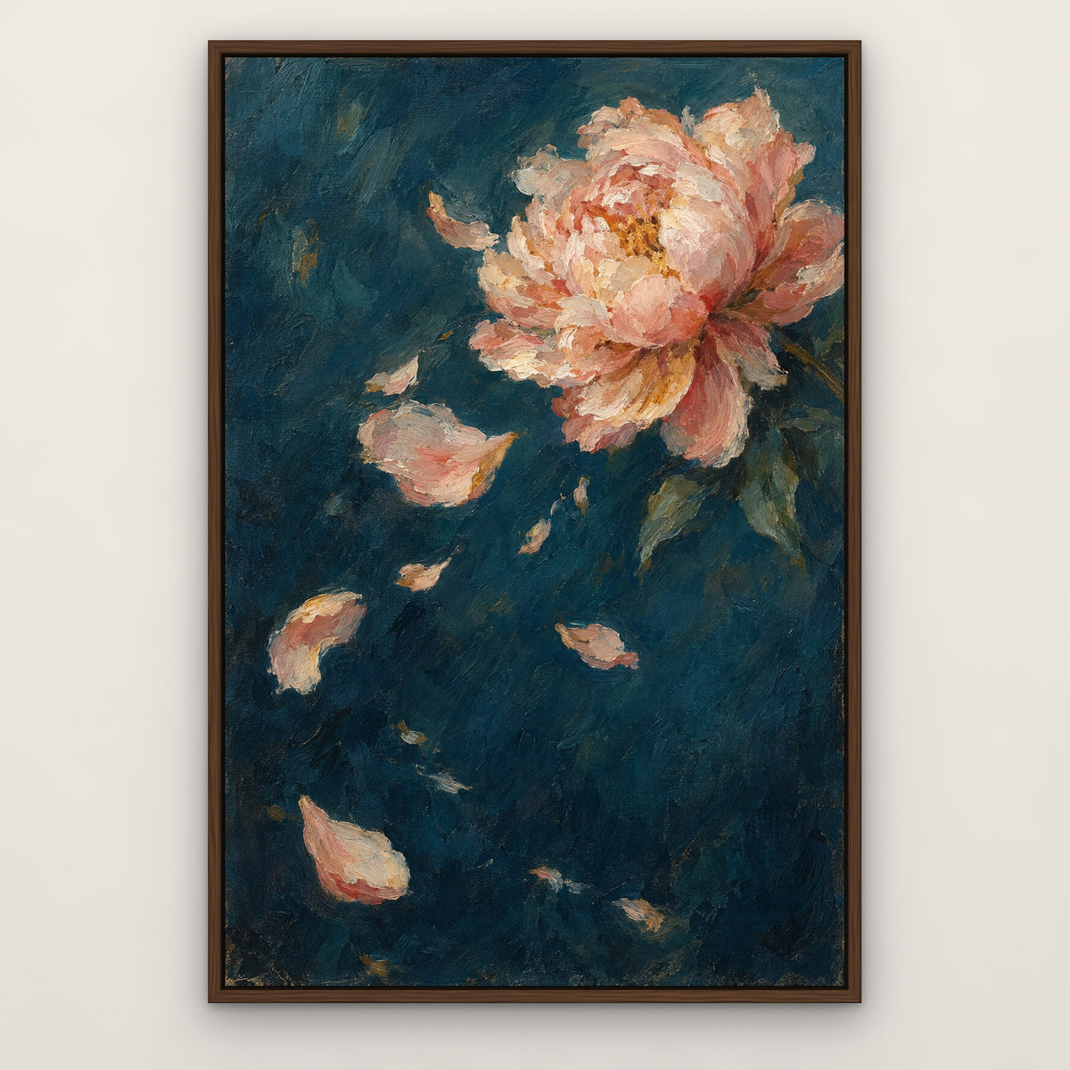 Petal Explosion, colourful abstract hand-painted canvas wall art in a slim walnut float frame – Gallery 23