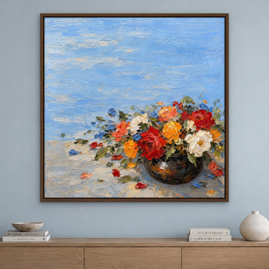 Bouquet in Blue, colourful abstract hand-painted canvas wall art in a living room – Gallery 23