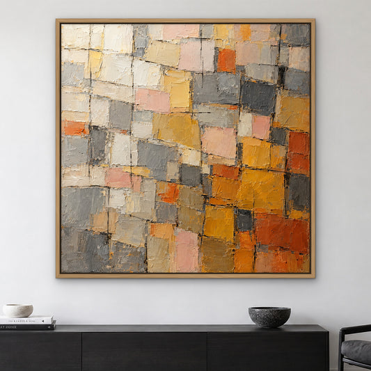 Sunlit Tiles, grey abstract hand-painted canvas wall art in a living room – Gallery 23