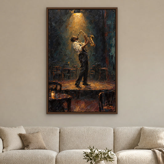 Soulful Sax, orange portrait hand-painted canvas wall art in a living room – Gallery 23