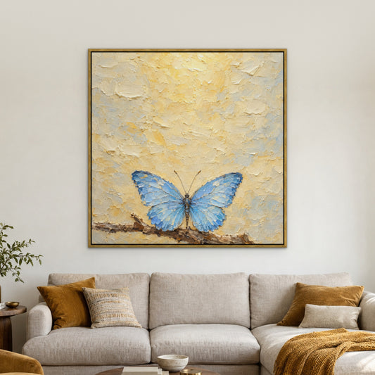 Sky Blue Butterfly, gold wildlife hand-painted canvas wall art in a living room – Gallery 23